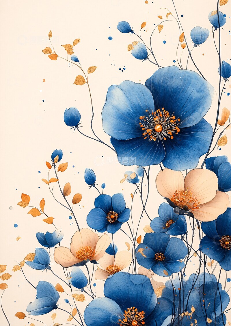 高清大图下载【趣麦麦图】蓝白花卉水彩边框1