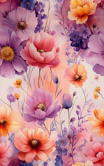 粉紫黄花浮水彩画