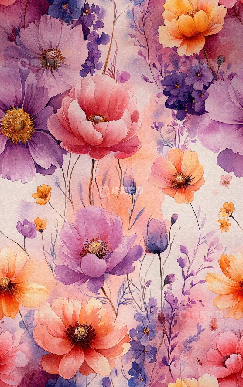 高清大图下载【趣麦麦图】粉紫黄花浮水彩画