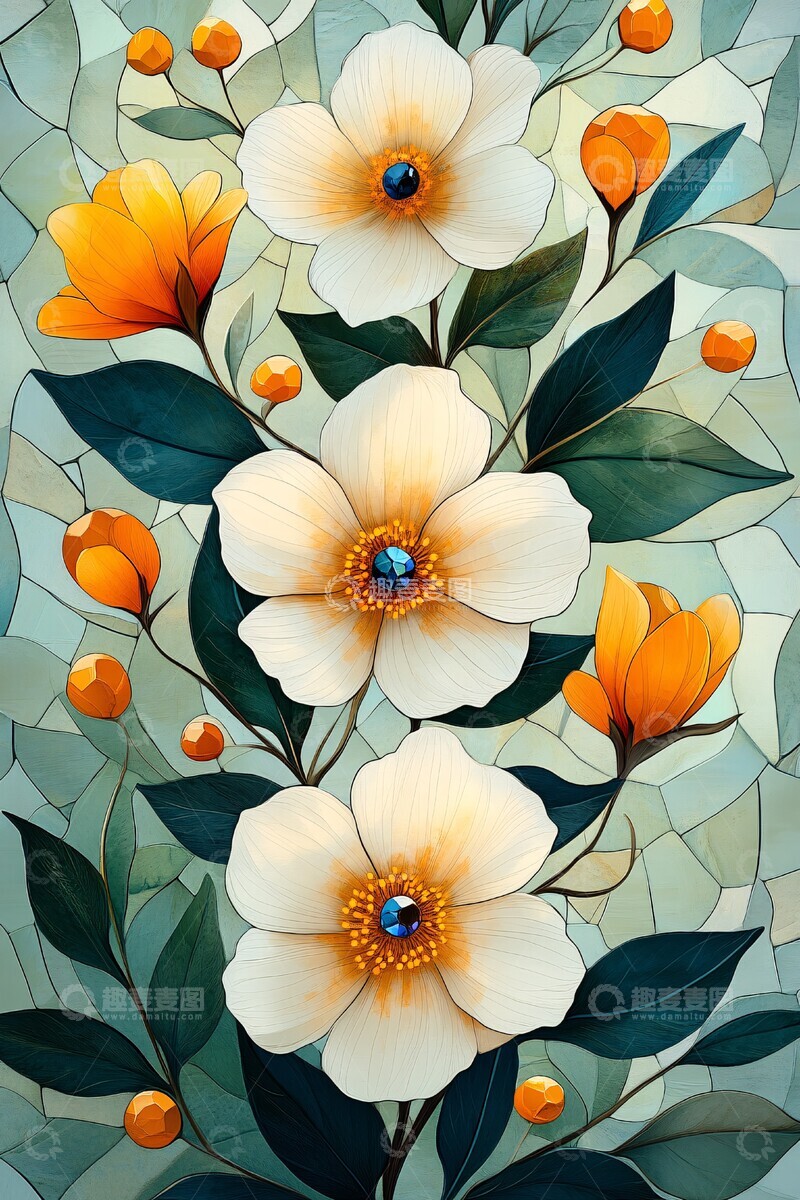 高清大图下载【趣麦麦图】白花绿叶彩宝墙纸