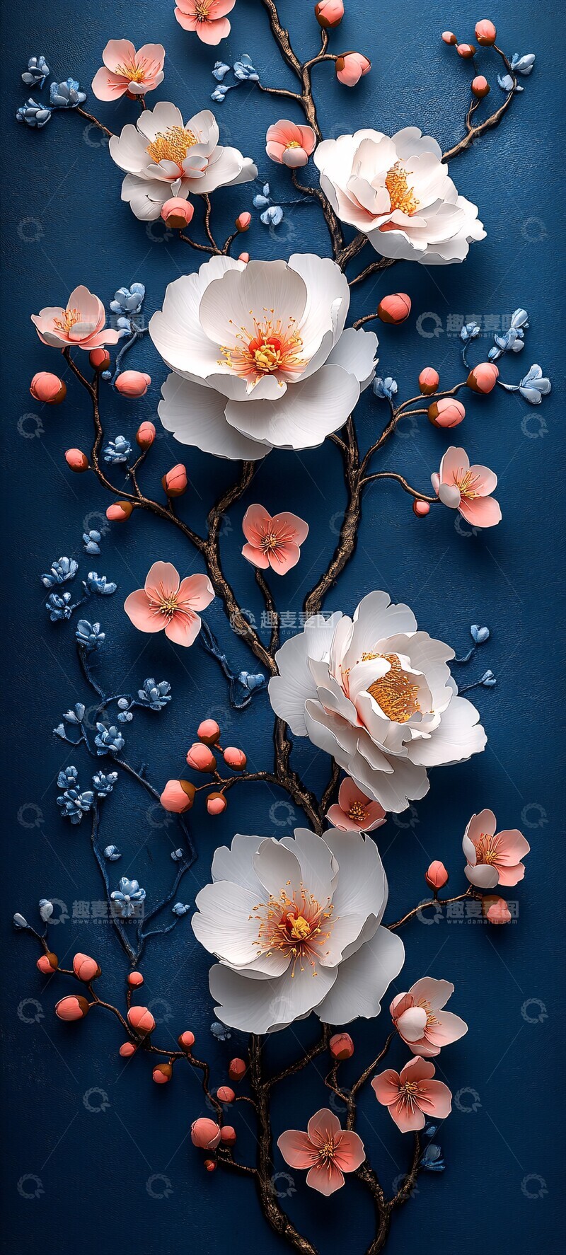 高清大图下载【趣麦麦图】白牡丹粉樱蓝底图
