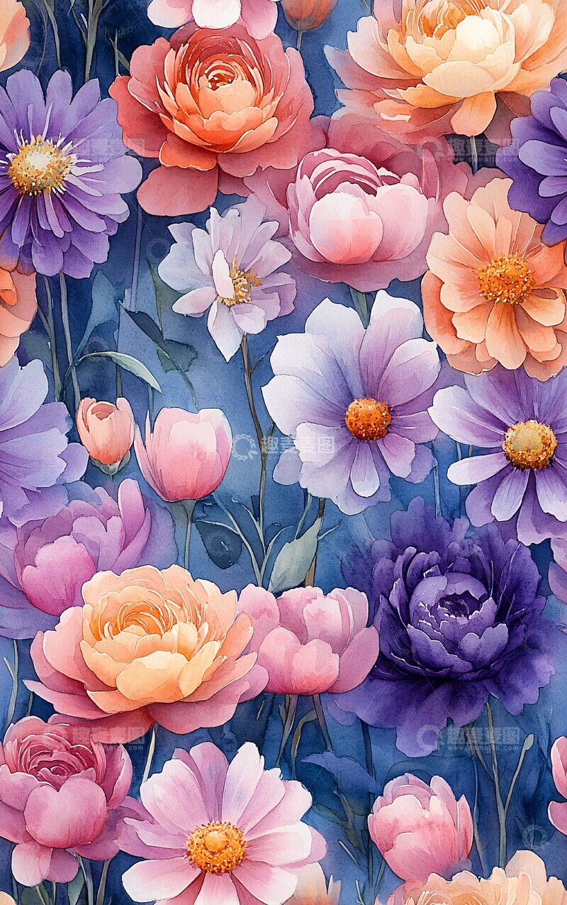 高清大图下载【趣麦麦图】粉紫黄花浮水彩画2