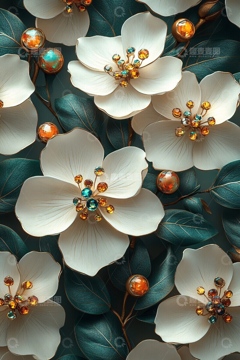 高清大图下载【趣麦麦图】白花绿叶彩宝墙纸1