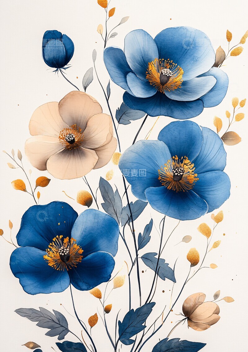 高清大图下载【趣麦麦图】蓝白花卉水彩边框3