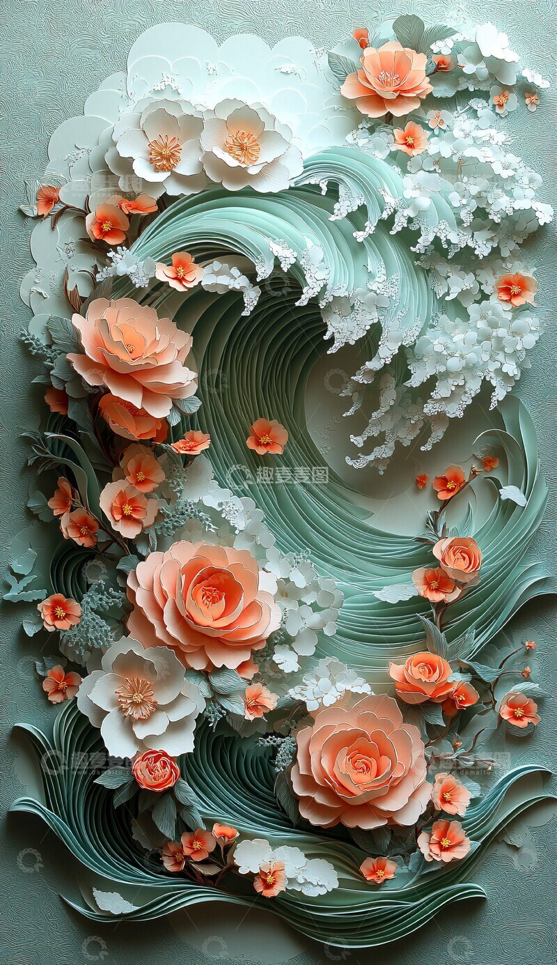 高清大图下载【趣麦麦图】海浪与花纸雕艺术