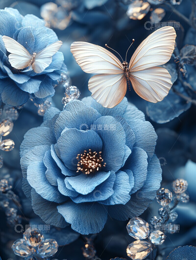 高清大图下载【趣麦麦图】蓝玫瑰白蝶晶体