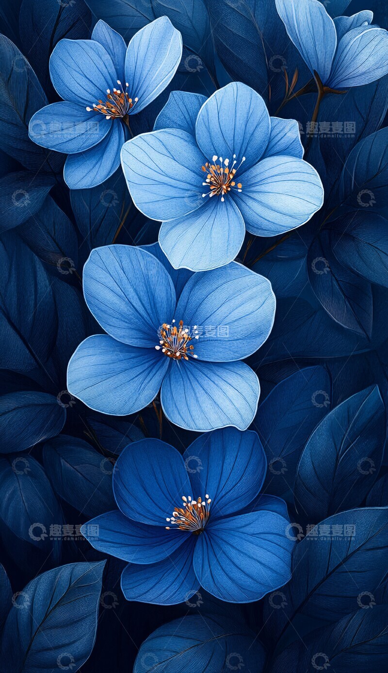 高清大图下载【趣麦麦图】蓝色花卉线条图案