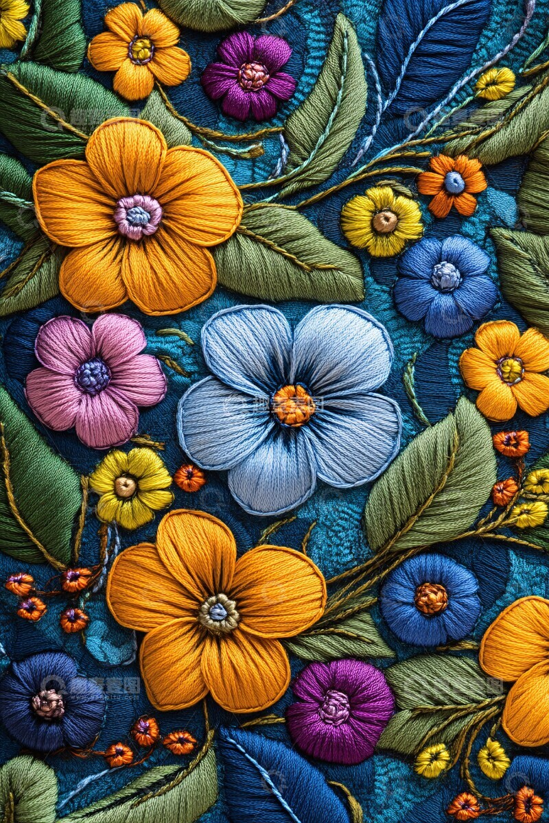 高清大图下载【趣麦麦图】花卉与绿叶刺绣图案