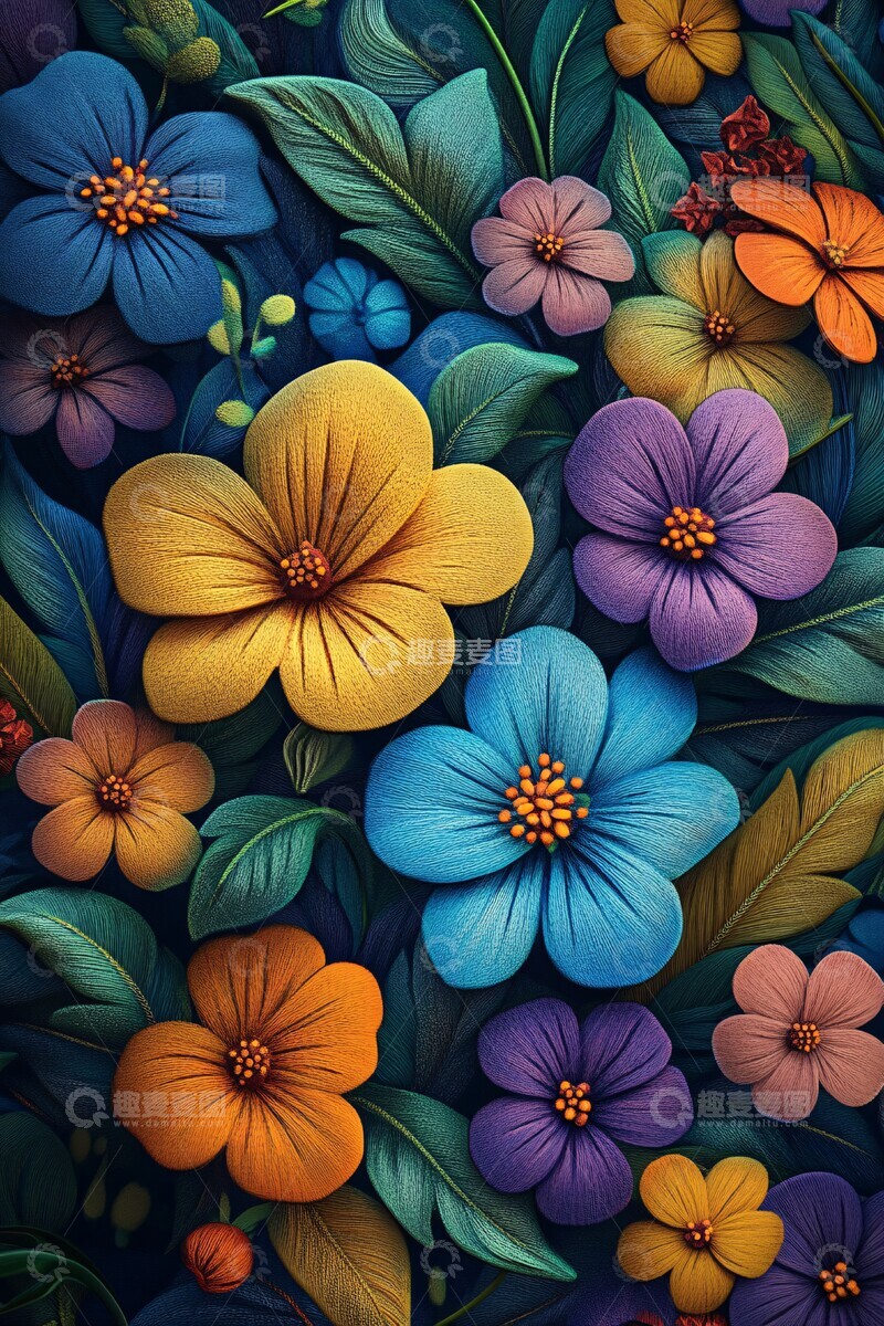 高清大图下载【趣麦麦图】花卉与绿叶刺绣图案1