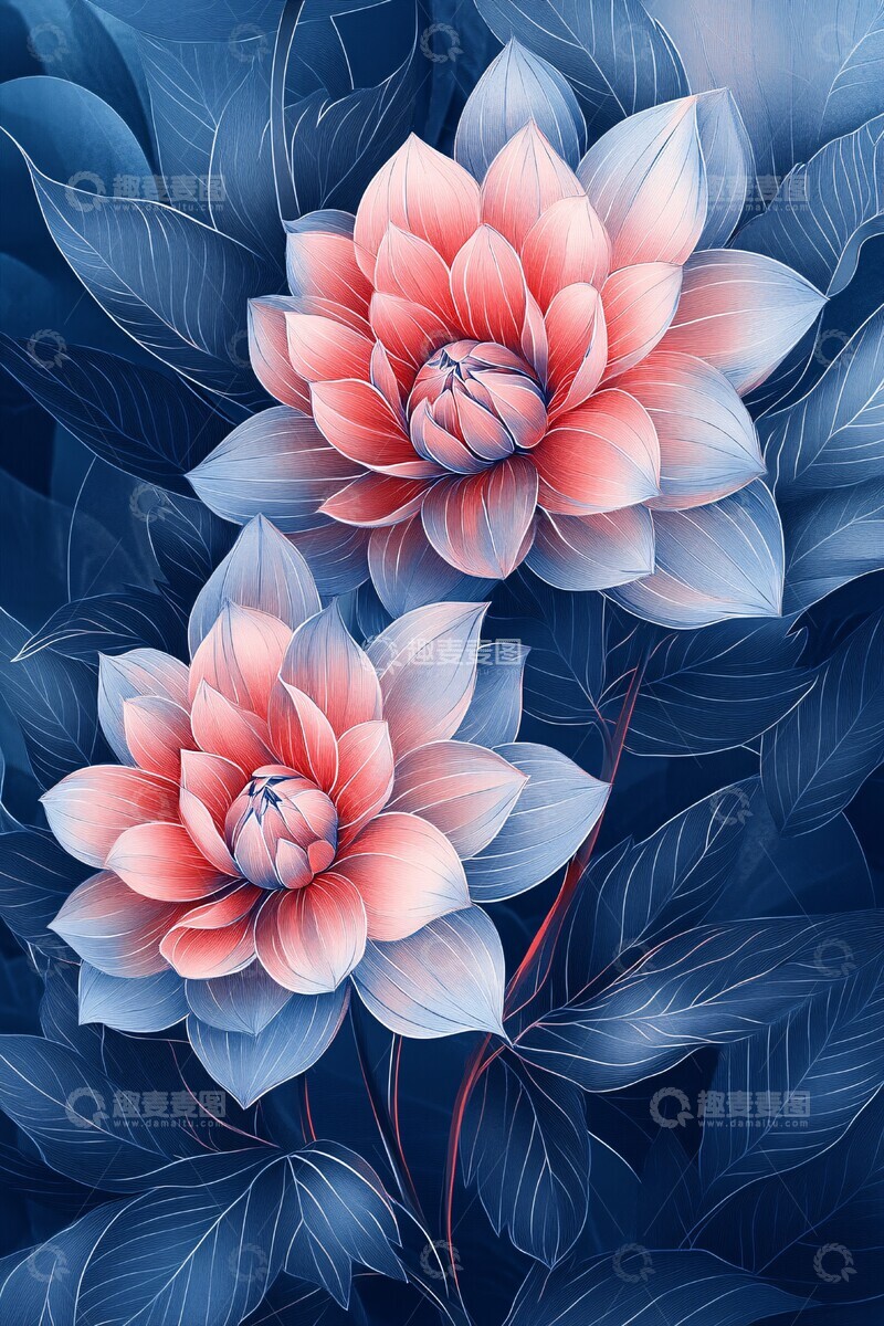 高清大图下载【趣麦麦图】粉色大丽花线条画