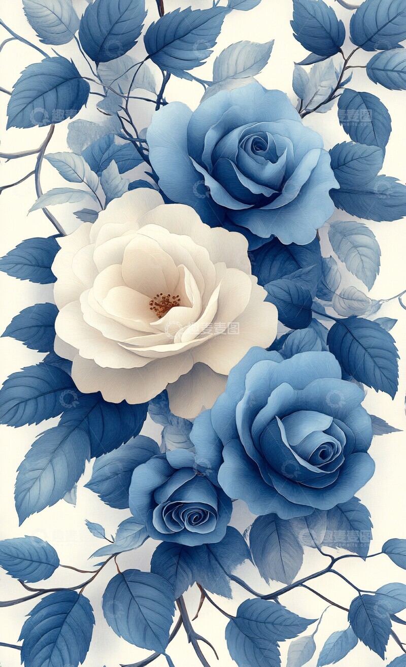 高清大图下载【趣麦麦图】奶油蓝玫瑰纹样