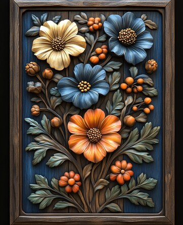 木雕花叶蓝褐刻2