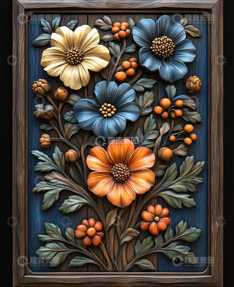 高清大图下载【趣麦麦图】木雕花叶蓝褐刻2
