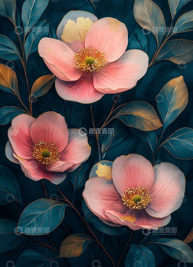 高清大图下载【趣麦麦图】粉色青色黄色花叶1