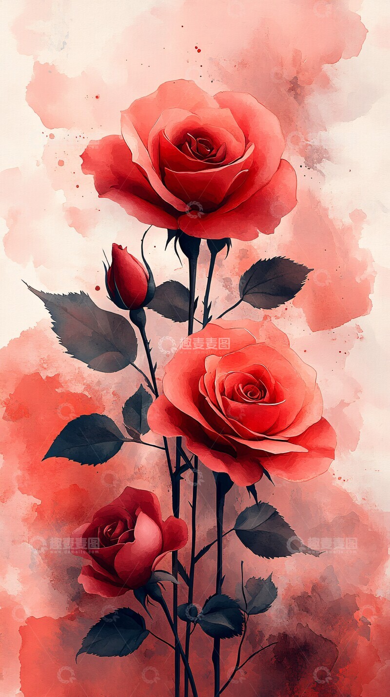 高清大图下载【趣麦麦图】粉红水彩玫瑰图案