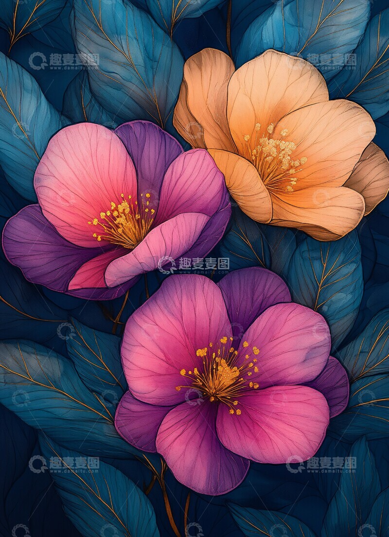 高清大图下载【趣麦麦图】粉色青色黄色花叶