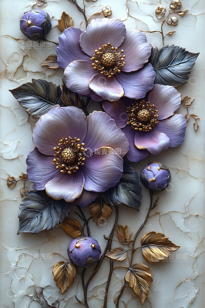 高清大图下载【趣麦麦图】紫绿花卉浮雕艺术1