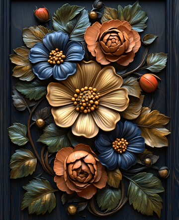 木雕花叶蓝褐刻1