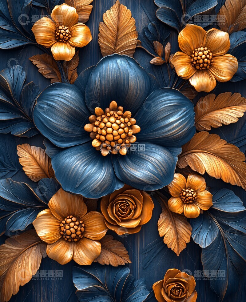 高清大图下载【趣麦麦图】木雕花叶蓝褐刻