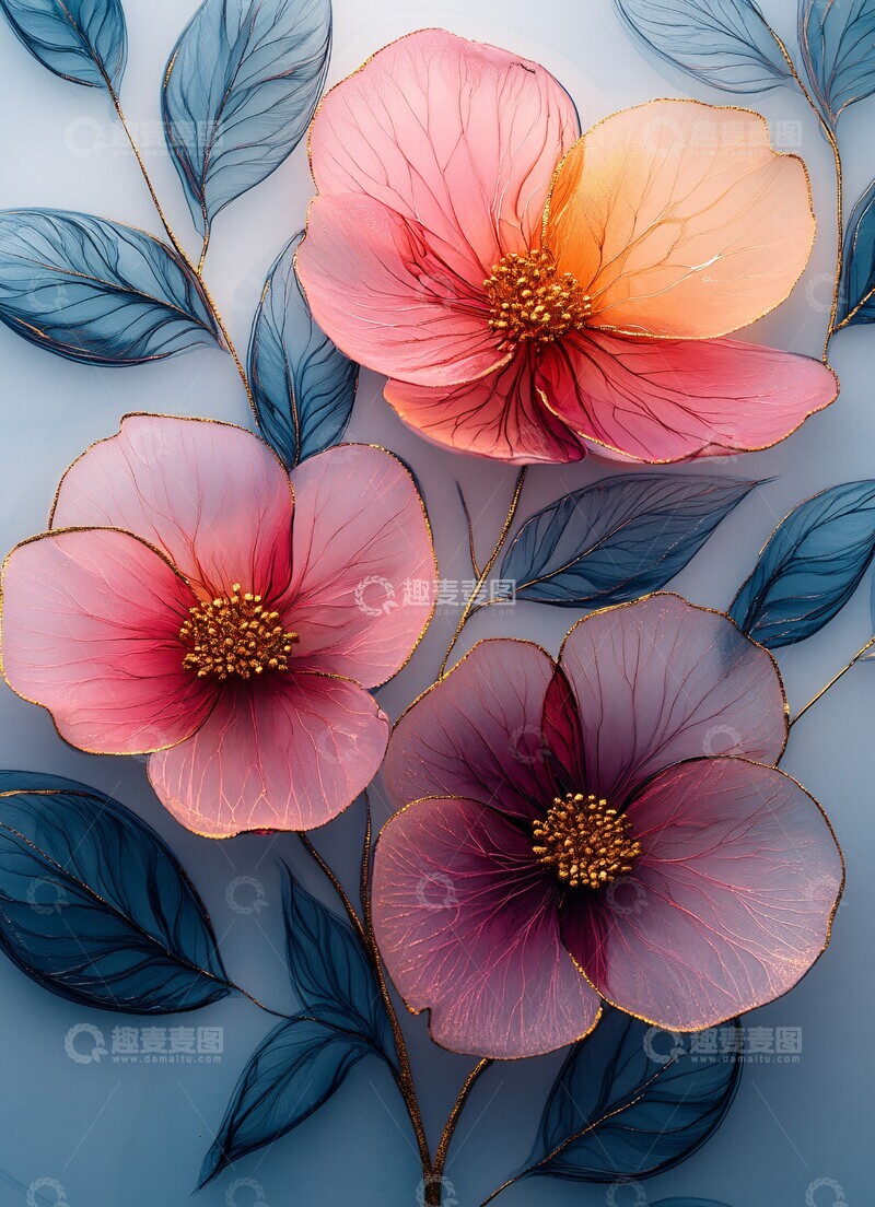 高清大图下载【趣麦麦图】粉色青色黄色花叶2