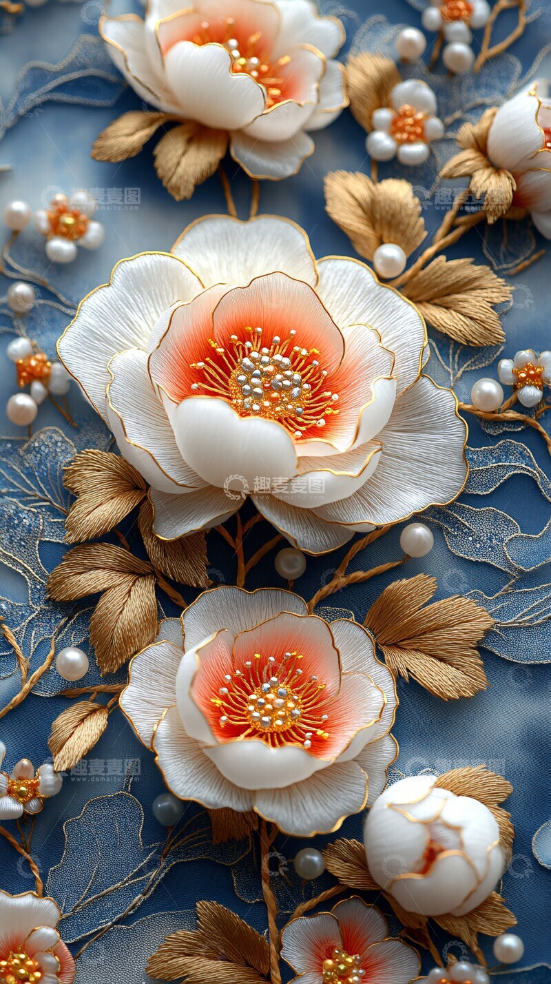 高清大图下载【趣麦麦图】金线牡丹刺绣图案