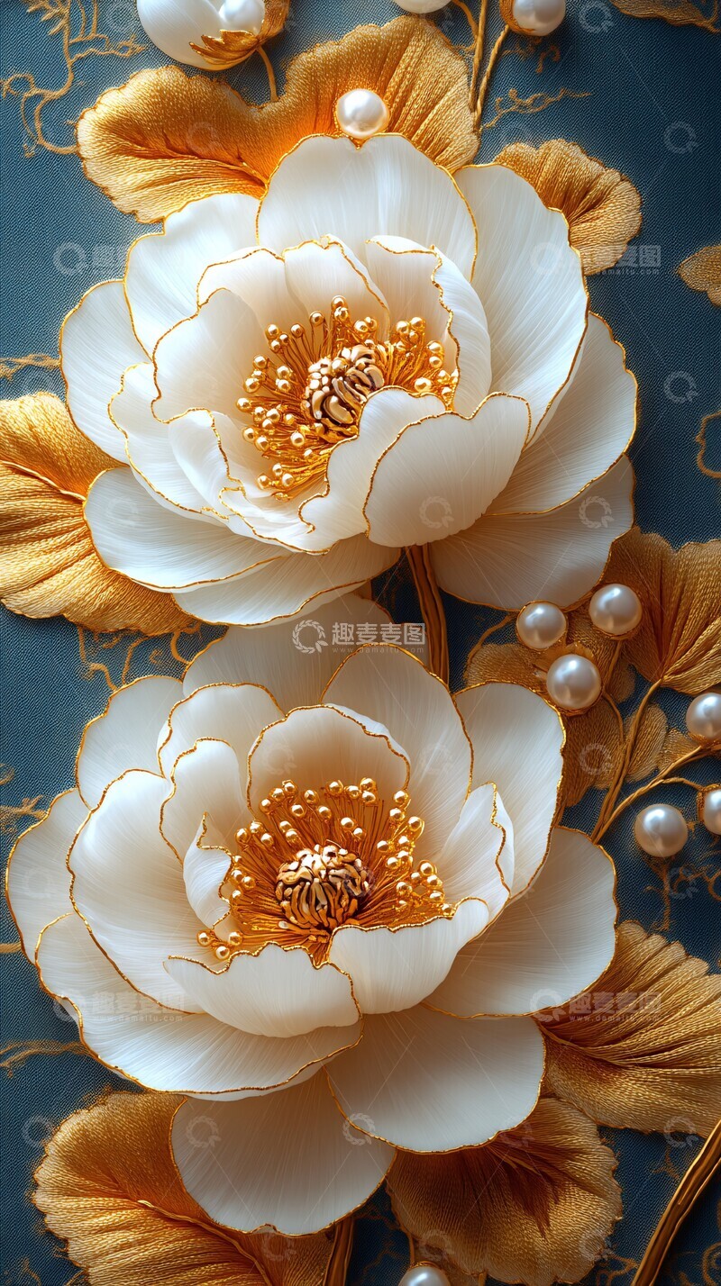 高清大图下载【趣麦麦图】金线牡丹刺绣图案1