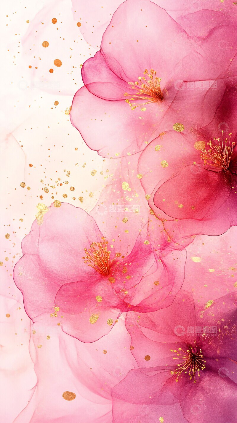 高清大图下载【趣麦麦图】粉色花艺水墨壁纸2