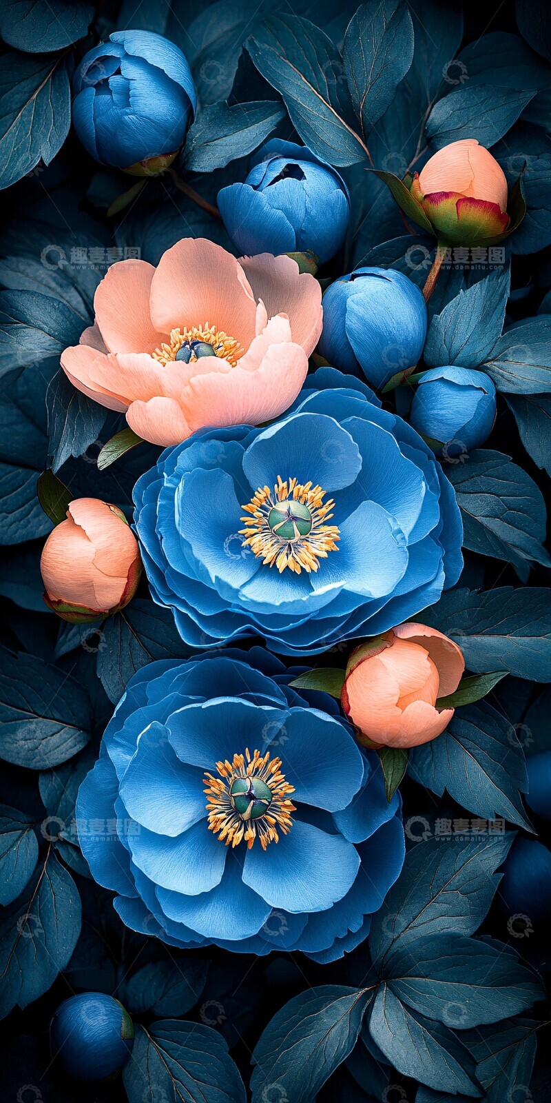 高清大图下载【趣麦麦图】蓝色系牡丹花纹1