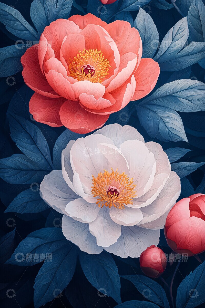 高清大图下载【趣麦麦图】粉红牡丹矢量插画2