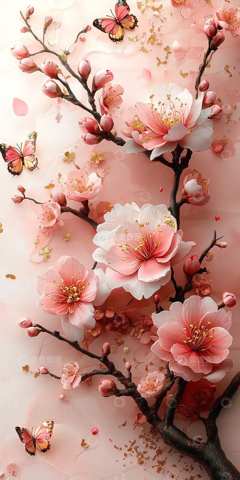 高清大图下载【趣麦麦图】粉玉樱花金蝶图1