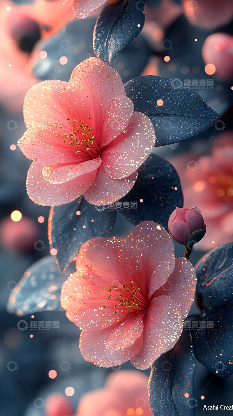 高清大图下载【趣麦麦图】粉红山茶花水彩画1