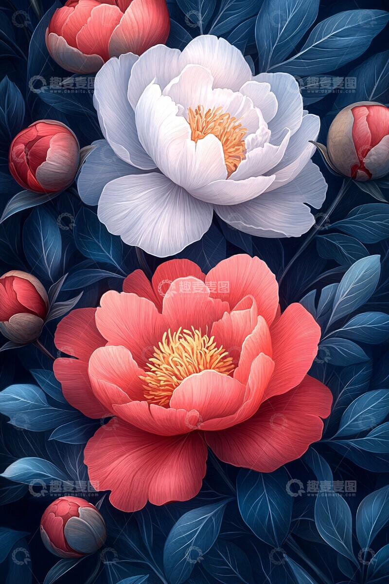 高清大图下载【趣麦麦图】粉红牡丹矢量插画1