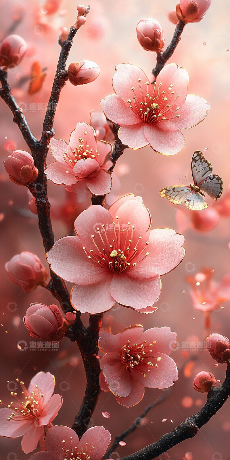 高清大图下载【趣麦麦图】粉玉樱花金蝶图