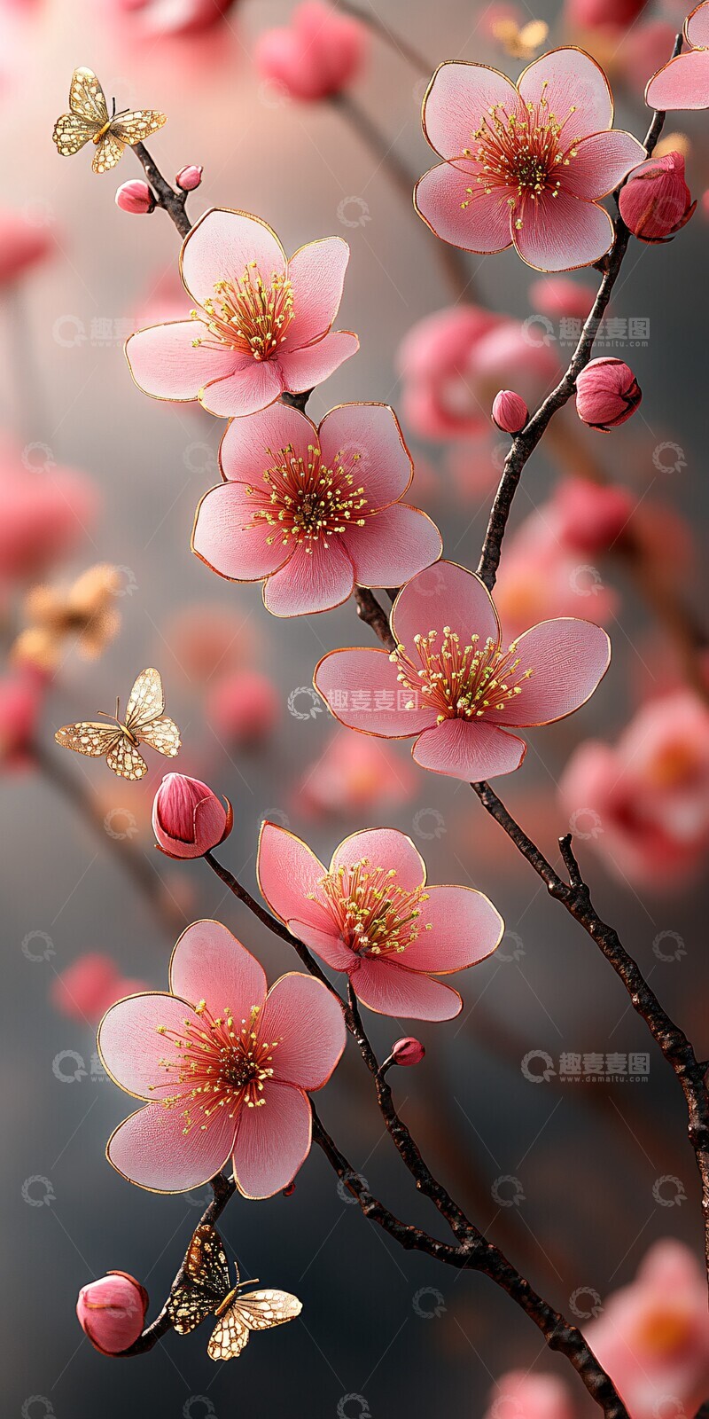 高清大图下载【趣麦麦图】粉玉樱花金蝶图2