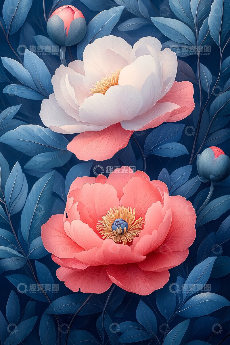 高清大图下载【趣麦麦图】粉红牡丹矢量插画
