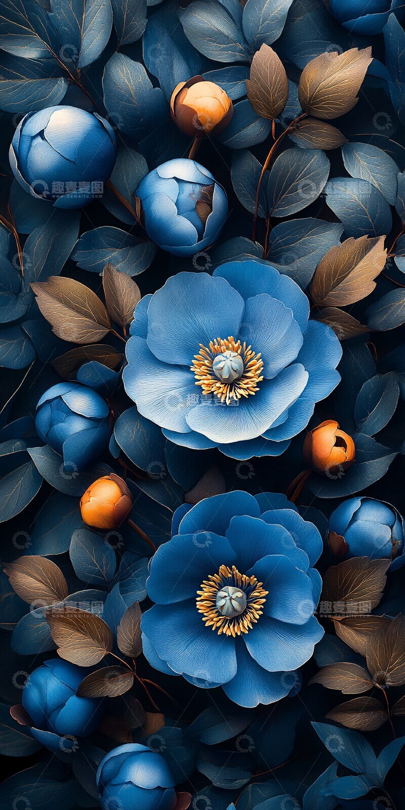 高清大图下载【趣麦麦图】蓝色系牡丹花纹2