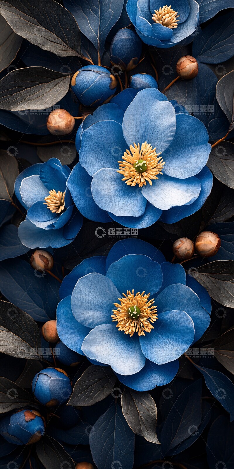 高清大图下载【趣麦麦图】蓝色系牡丹花纹