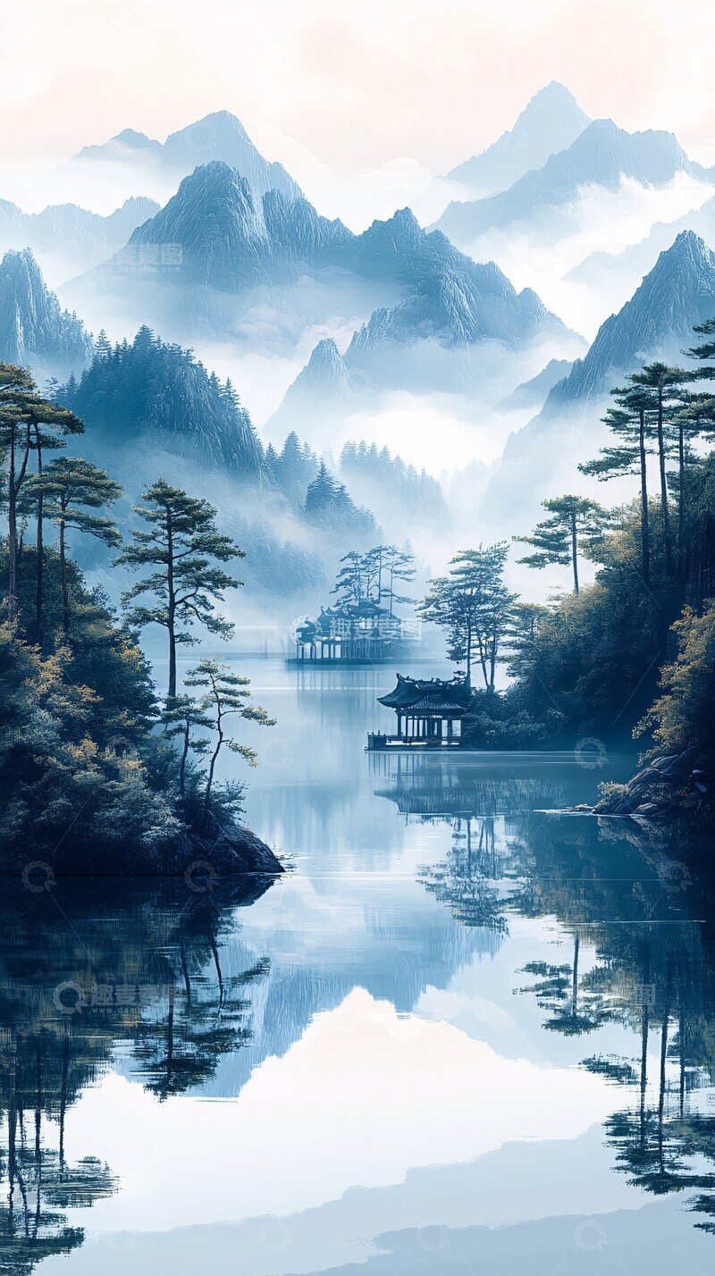 高清大图下载【趣麦麦图】山水云雾湖亭1