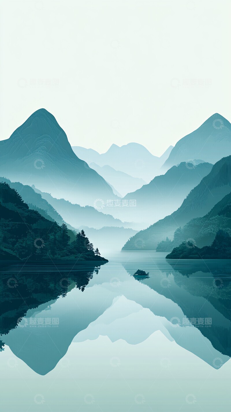 高清大图下载【趣麦麦图】山湖岛影水面绿色线条3