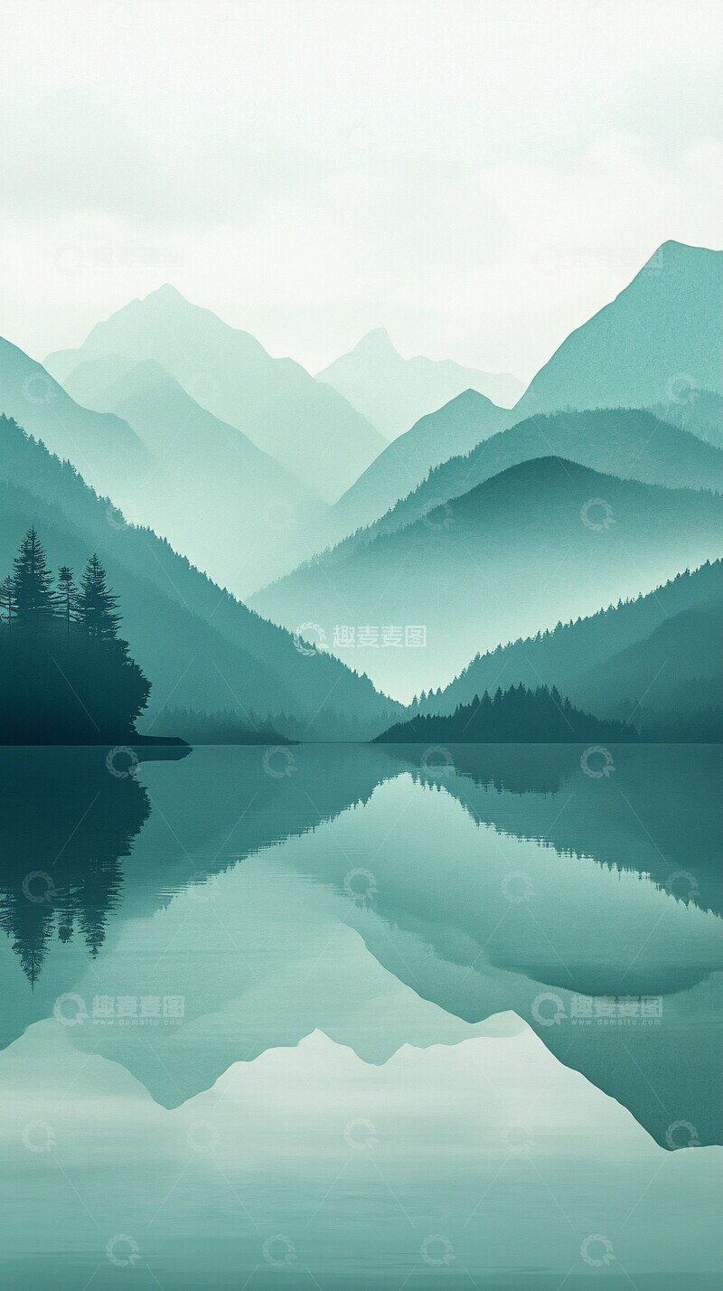 高清大图下载【趣麦麦图】山湖岛影水面绿色线条1