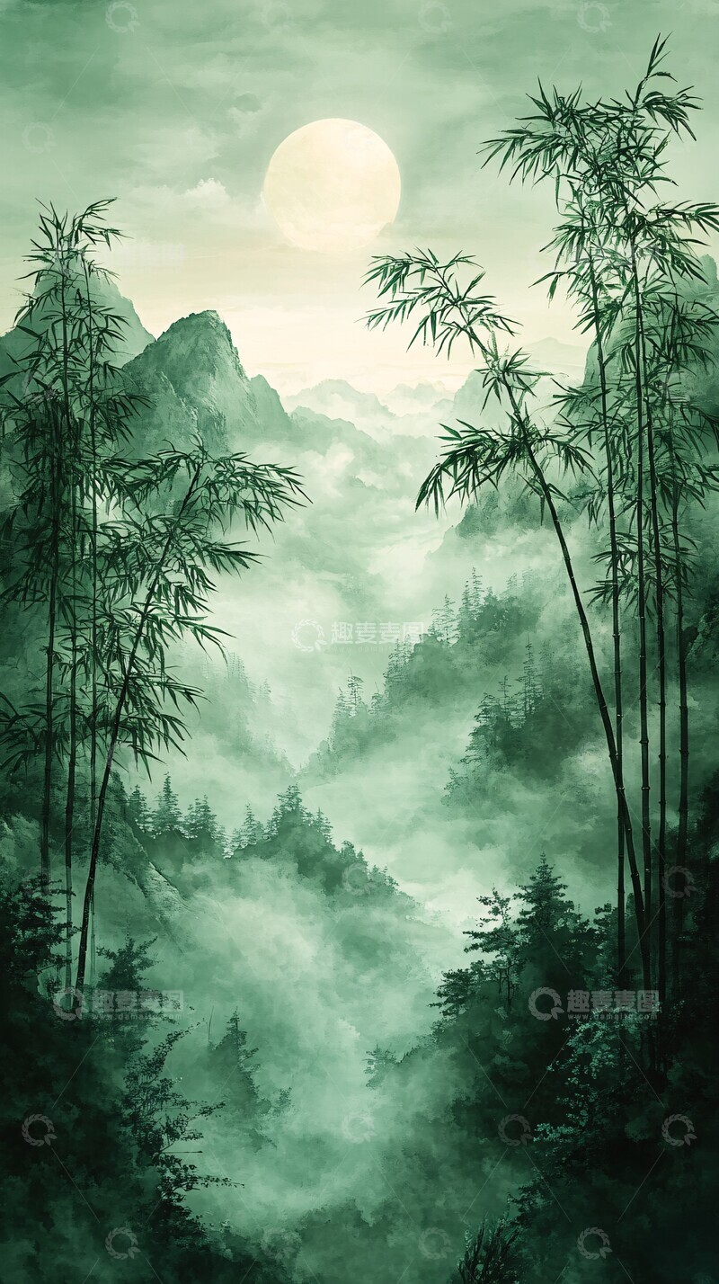 高清大图下载【趣麦麦图】竹枝交错图交错绿色淡墨