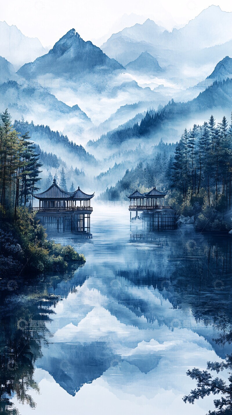 高清大图下载【趣麦麦图】山水云雾湖亭