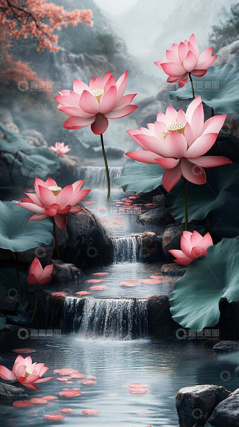 高清大图下载【趣麦麦图】莲花流溪壁纸1