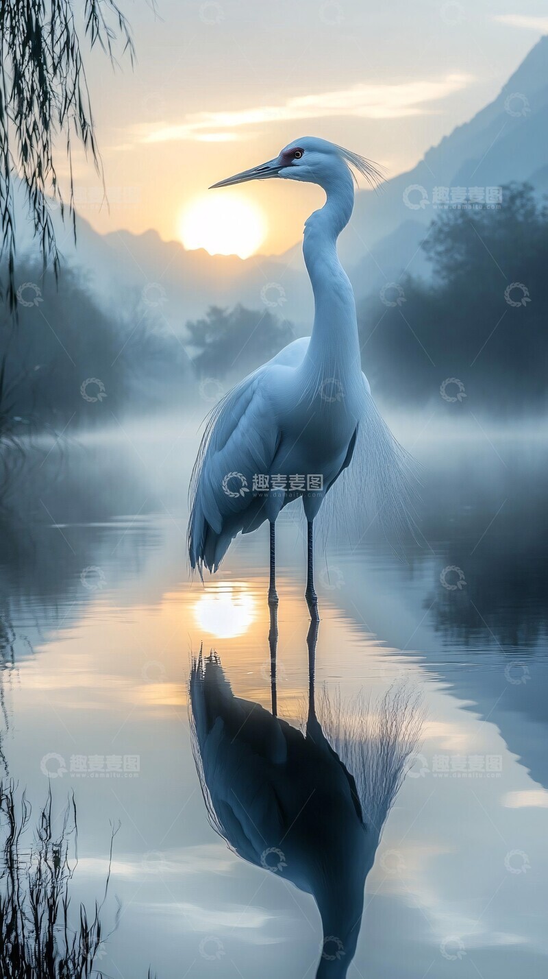 高清大图下载【趣麦麦图】晨雾山色白鹤映水