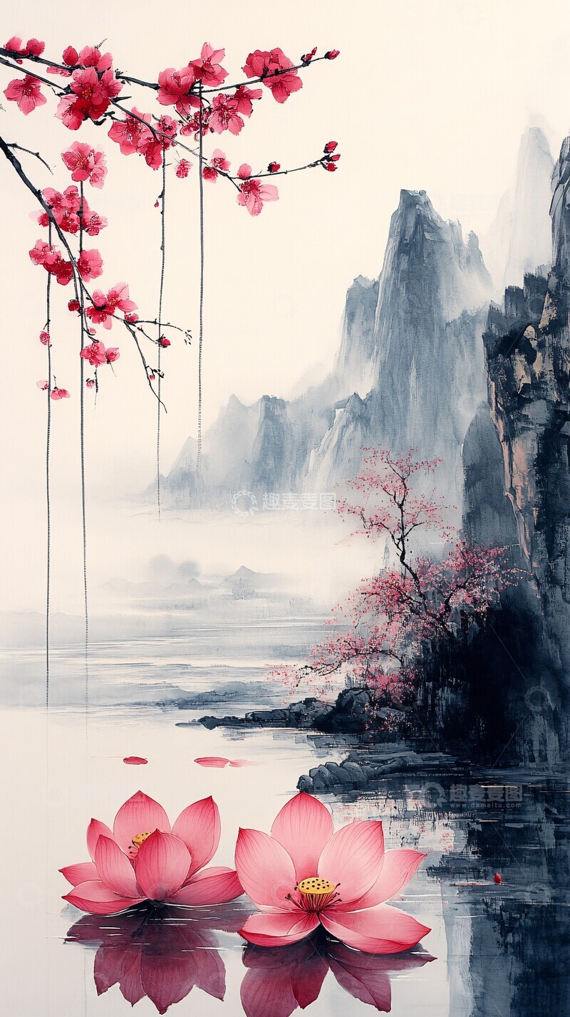 高清大图下载【趣麦麦图】红梅莲池山水图