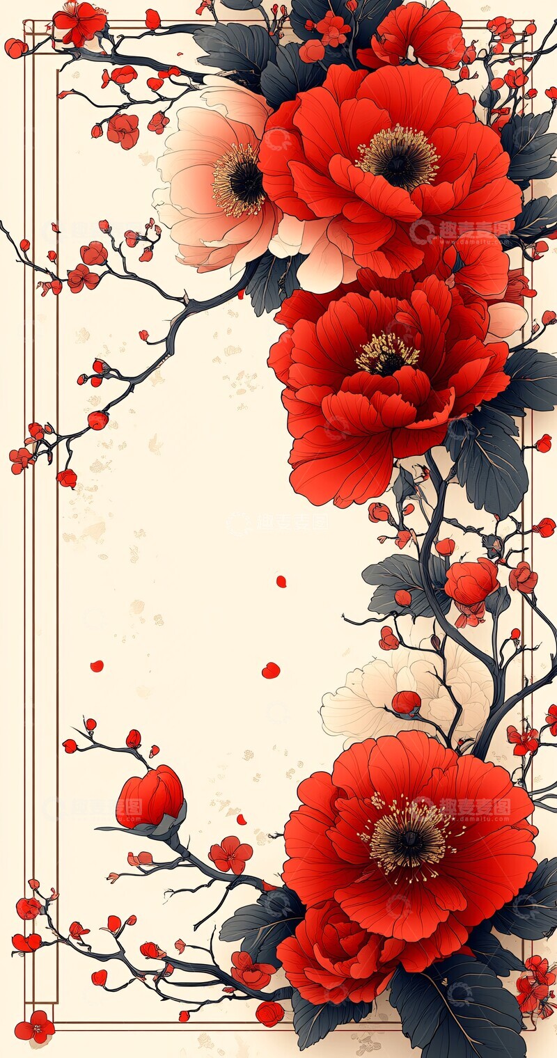 高清大图下载【趣麦麦图】红色花卉边框1