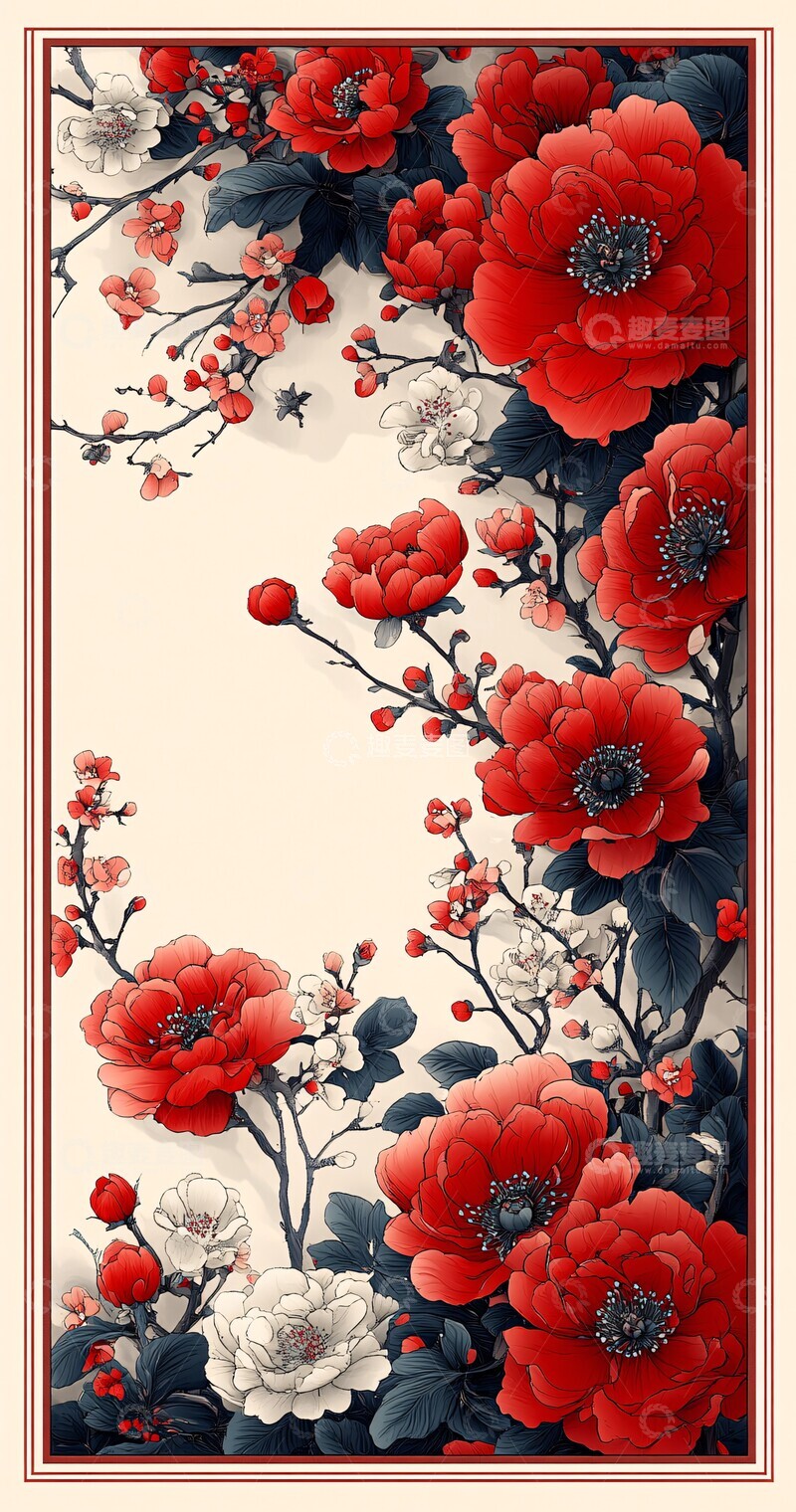 高清大图下载【趣麦麦图】红色花卉边框