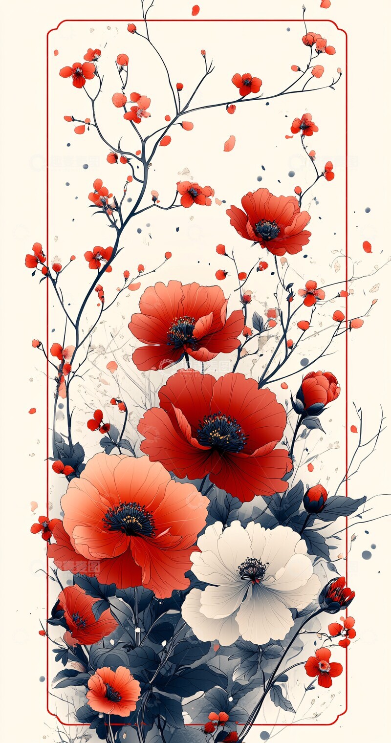 高清大图下载【趣麦麦图】红色花卉边框2