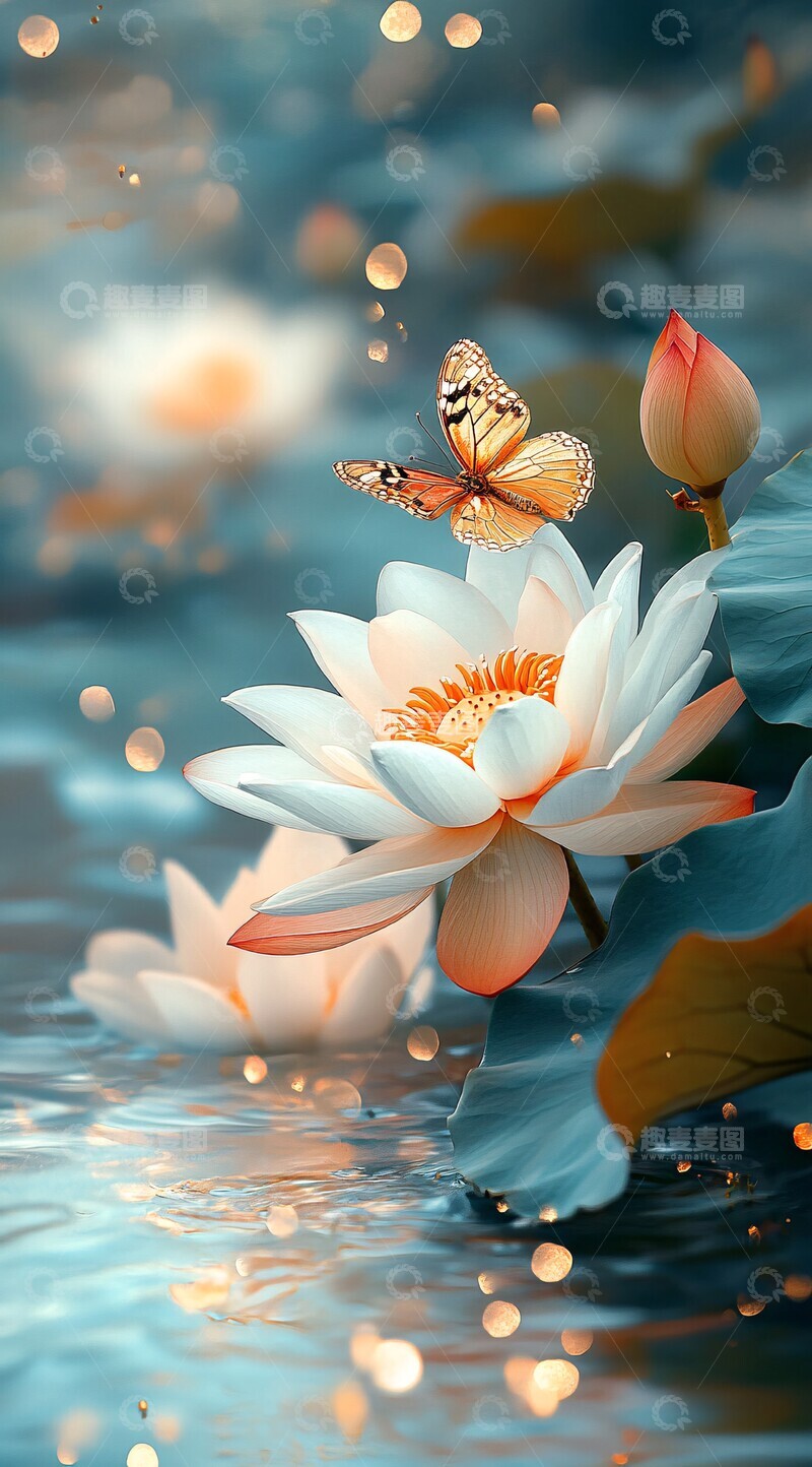 高清大图下载【趣麦麦图】莲花湖面蝴蝶1