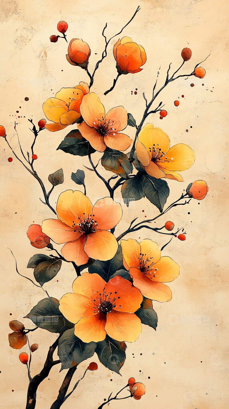 高清大图下载【趣麦麦图】水彩花叶空白页3